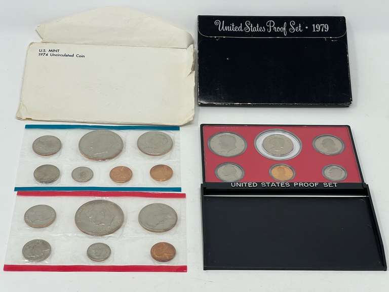 1979 US mint proof set, and 1974 US mint uncirculated mint set, see pictures for details. image
