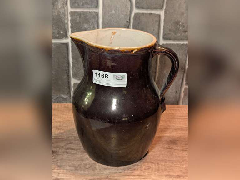 LARGE OLD UNSIGNED GLAZED POTTERY PITCHER image