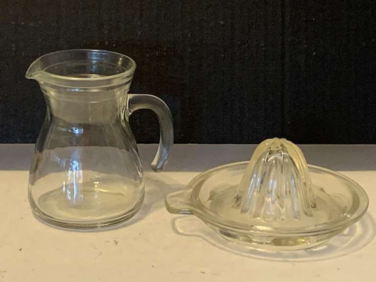 VINTAGE LEMON/LIME JUICER & VINTAGE GLASS SYRUP PITCHER image