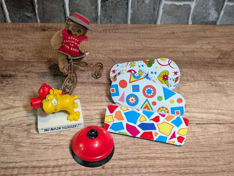 COMICAL FIGURINES, VINTAGE PARTY NOISE MAKERS MADE IN USA, AND SERVICE BELL image