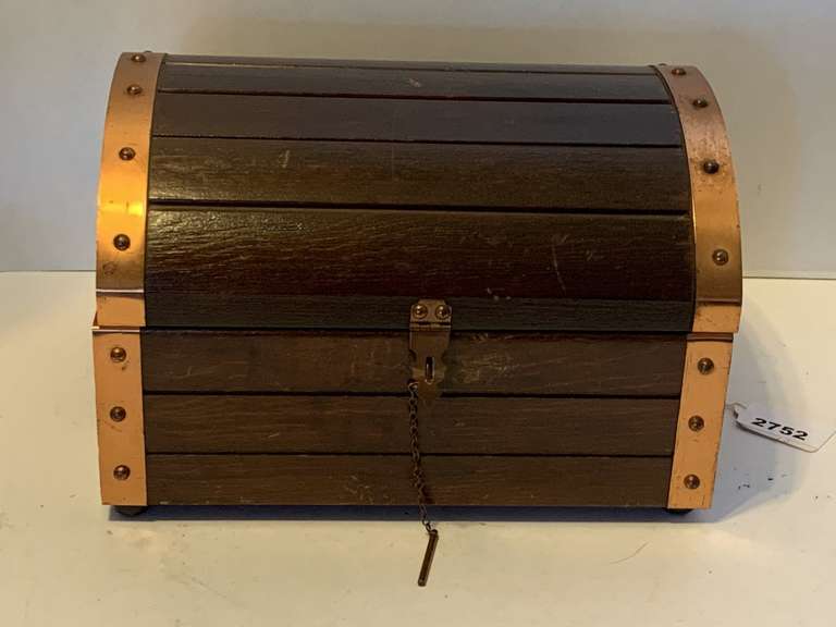 WOOD WITH COPPER TRIM TREASURE CHEST BOX 9 1/4" LONG X 6 3/4" TALL X 8" DEEP image
