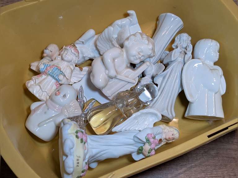 TUB OF PORCELAIN AND ART GLASS ANGEL FIGURINES AND CHRISTMAS ORNAMENTS image