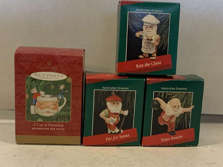 4 NEW HALLMARK ORNAMENTS "1988 KISS THE CLAUS", "1988 PAR FOR SANTA", "1988 POLAR BOWLER" & "2001 A CUP OF FRIENDSHIP" image