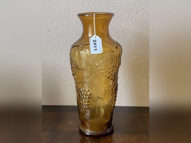 VINTAGE EMPOLI AMBER GLASS EMBOSSED TALL VASE 12 1/2" TALL image