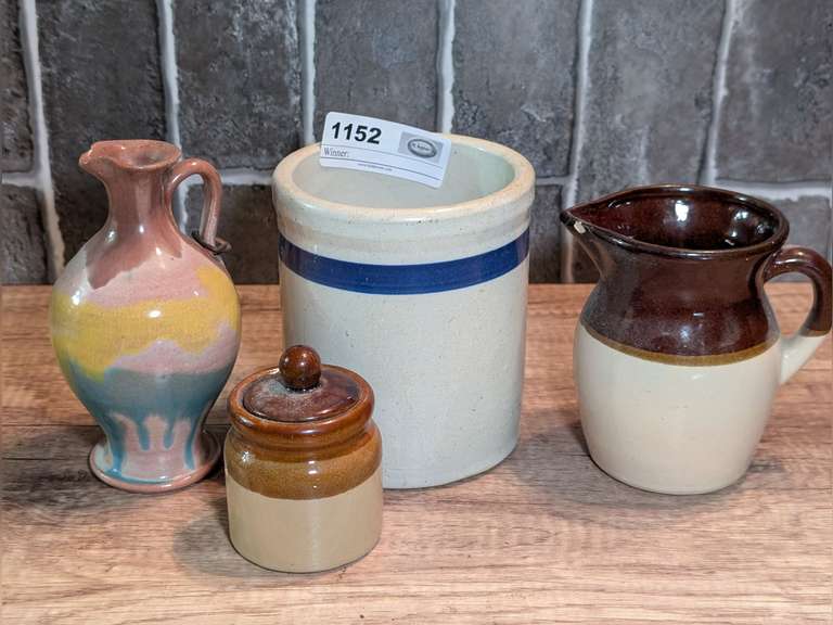 POTTERY INCLUDING GLAZED VASE, CROCK JARS, AND LARGE CREAMER image