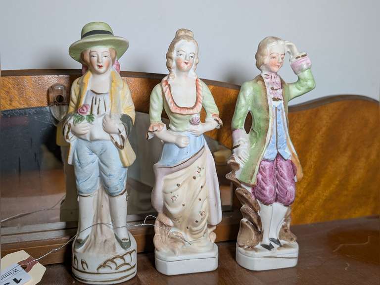THREE VICTORIAN BISQUE PORCELAIN FIGURINES MADE IN OCCUPIED JAPAN image
