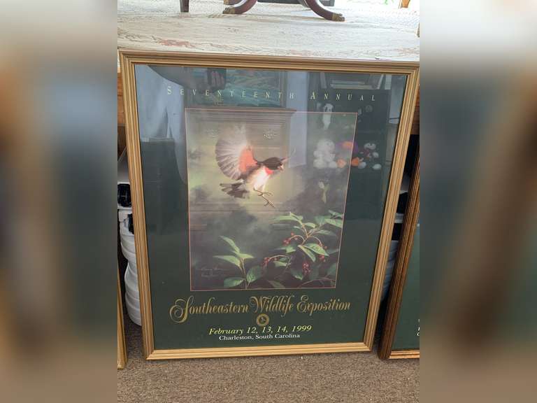 1999 SEVENTEENTH ANNUAL SOUTHEASTERN WILDLIFE EXPOSITION FRAMED POSTER OF A ROSE BREASTED GROSBEAK IN FLIGHT - DOUBLE SIGNED BY ARTIST 29" X 23 1/4" image