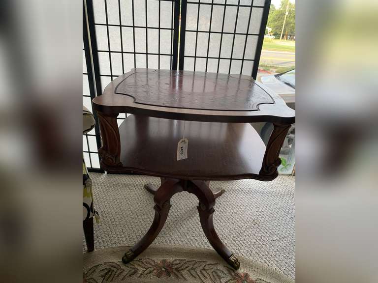VINTAGE WOOD LEATHER TOP 2 TIER SIDE TABLE WITH CLAW FEET 24" SQUARE X 28 1/4" TALL image
