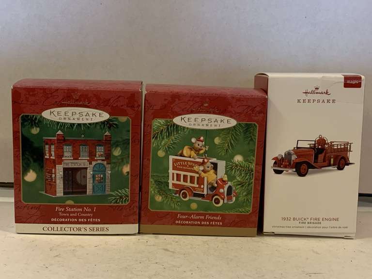 3 NEW HALLMARK ORNAMENTS "2018 FIRE BRIGADE - 1932 BUICK FIRE ENGINE (LIGHTS UP), "2001 FOUR-ALARM FRIENDS" & "2001 FIRE STATION NO 1 - TOWN AND COUNTRY" image