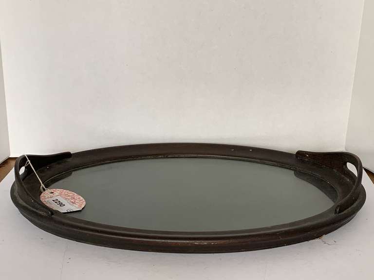 VINTAGE WOODEN OVAL SERVING TRAY WITH GLASS INSERT 20 1/8" OVAL image
