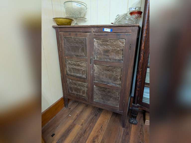 ANTIQUE PIE SAFE CABINET WITH DECORATIVE STAMPED METAL DOOR INSERTS *** SPECIAL PICKUP INSTRUCTIONS *** image