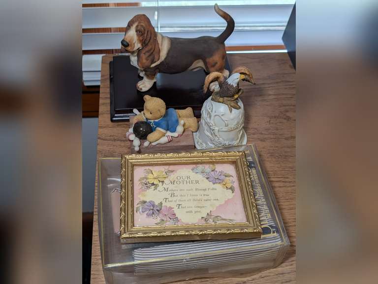 PICTURE FRAMES, BRYCE "I SCORED A STRIKE WHEN I MET YOU" NUMBERED FIGURINE, BALD EAGLE MOTIF PORCELAIN BELL, AND VINTAGE SIGNED BASSET HOUND FIGURINE image