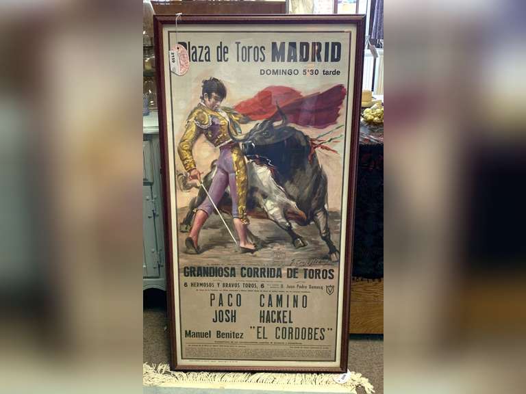LARGE VINTAGE FRAMED SPANISH BULLFIGHTING POSTER 22" WIDE X 44" TALL image