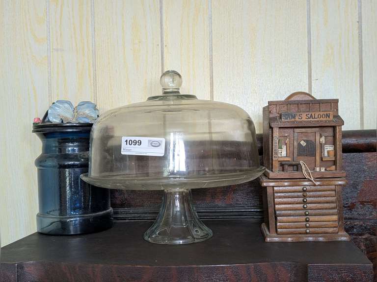 VINTAGE DOMED FOOTED CAKE PLATE, DECORATIVE BLUE GLASS LARGE STORAGE JAR, AND PAIR OF COASTER SETS WITH DECORATIVE RACKS image