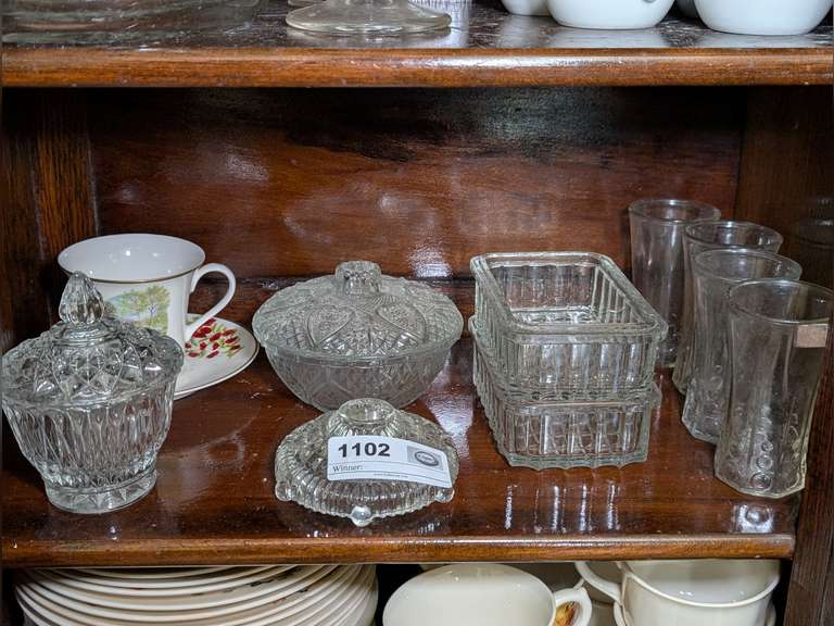 VINTAGE GLASS AND PORCELAIN ON SHELF MARKED 1102 image