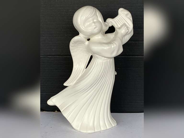 1985 WHITE CERAMIC ANGEL WITH HARP 12" TALL image