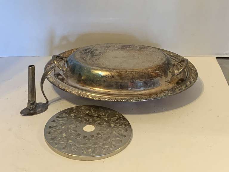 SILVERPLATE OVAL COVERED CASSEROLE DISH, SILVERPLATE TRIVET & HANDMADE FROM KNIFE & FORK BUD VASE image