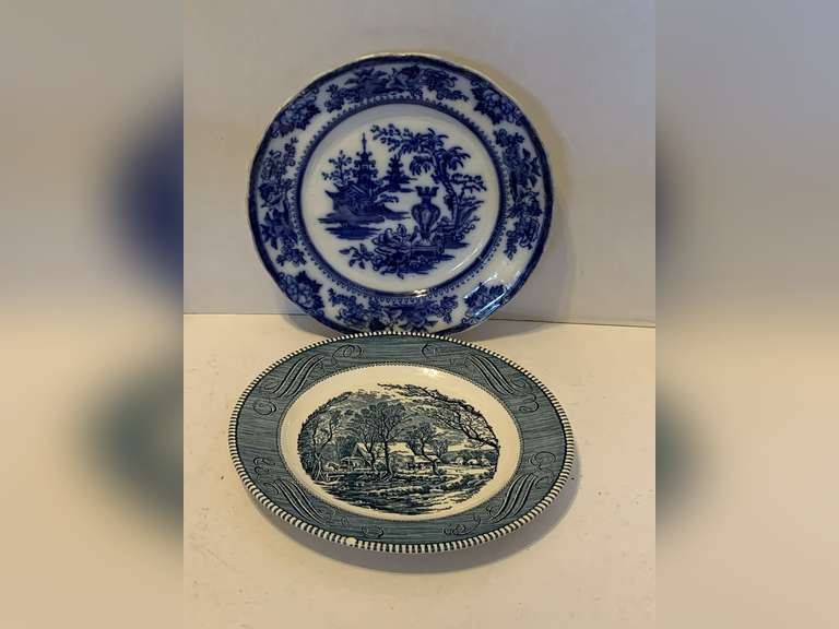 VINTAGE CURRIER & IVES "THE OLD GRIST MILL" DINNER PLATE BY ROYAL CHINA (HAS SMALL CHIP ON RIM" & ANTIQUE "LAHORE" FLOW BLUE DINNER PLATE MADE IN ENGLAND image