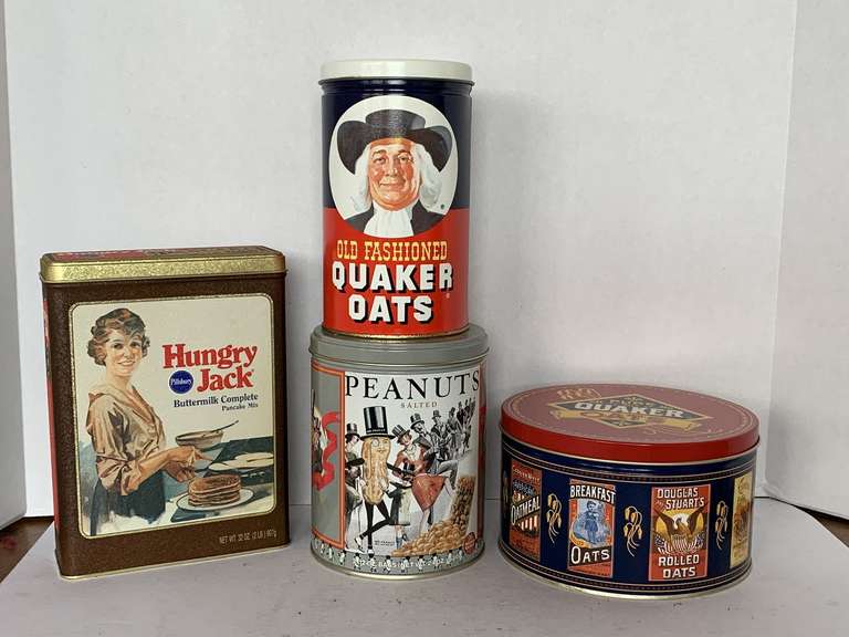 4 COLLECTIBLE TINS - HUNGRY JACK, PEANUTS, QUAKER OATS & OATMEAL image