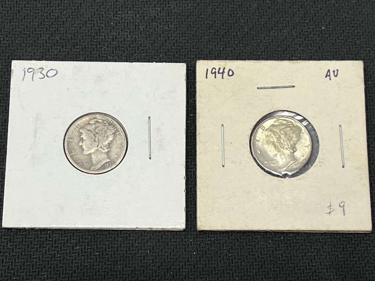 1930 and 1940 silver Mercury head dimes, two pieces, see pictures for details. image