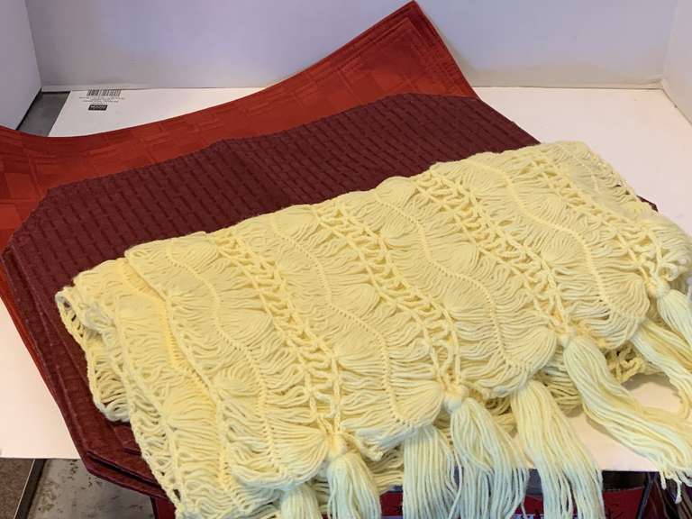 7 DARK WINE PLACEMATS, 3 WINE PLACEMATS & VINTAGE HAND CROCHET YELLOW SCARF image