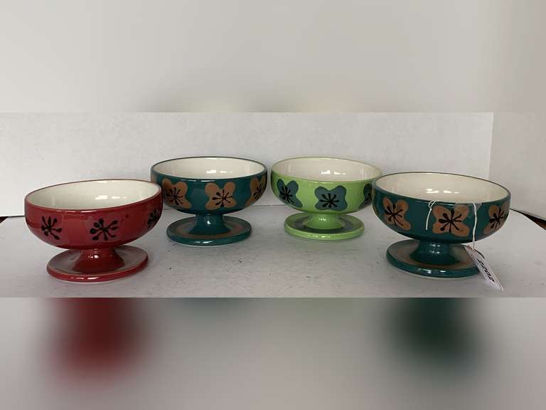 SET OF 4 ART DECO HAND PAINTED FOOTED BOWLS 5" ROUND X 3" TALL image