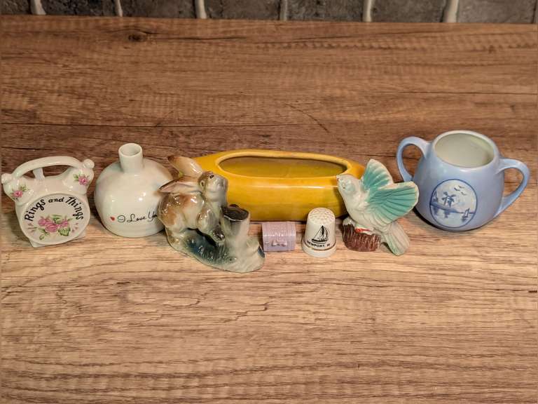 VINTAGE PORCELAIN SMALLS INCLUDING RABBIT FIGURINE MADE IN JAPAN, ENESCO FIGURINE, BANANA, AND MORE image