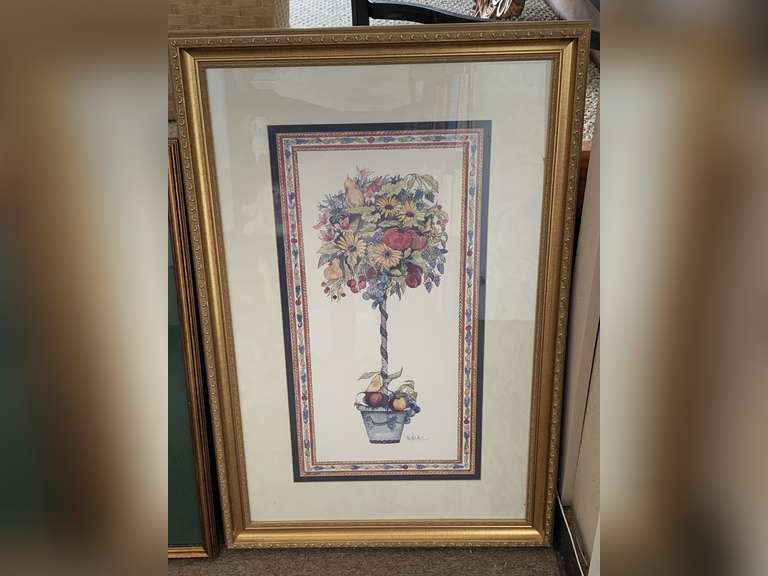 NICELY FRAMED & MATTED FRUIT & FLOWER TREE WATERCOLOR PRINT - DOUBLE SIGNED BY ARTIST A. PARKER 23 1/2" X 35" image