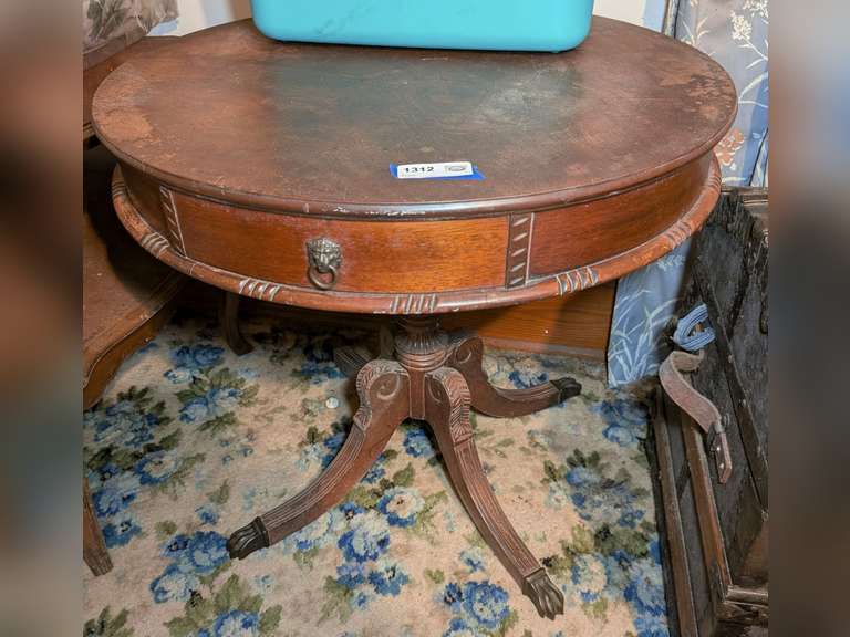 OLD SINGLE DRAWER DRUM TABLE WITH BRASS TOE FEET image