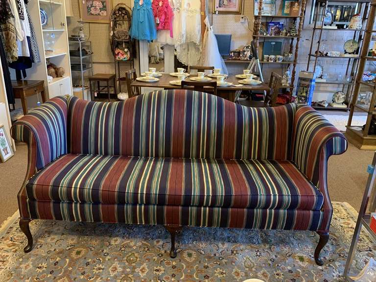 VINTAGE UPHOLSTERED CHIPPENDALE STYLE CAMEL BACK SOFA (ONE CUSHION) 79" LONG X 36" TALL X 27" DEEP image