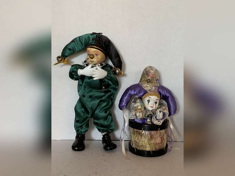 VINTAGE PORCELIAN HARLEQUIN CLOWN 12" TALL & PORCELAIN JESTER MUSIC BOX 8 1/2" TALL X 4 1/4" ROUND image