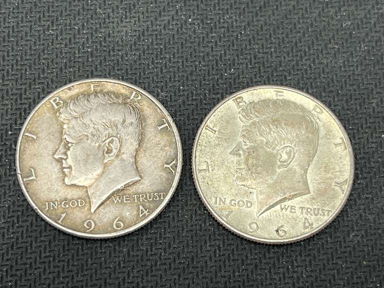1964 Kennedy silver half dollars, two pieces, see pictures for details. image