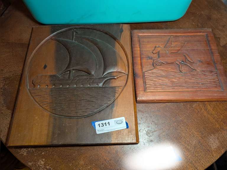 PAIR OF CARVED WOOD ARTISTIC WALL PLAQUES INCLUDING PEGASUS AND TALL SAILING SHIP image