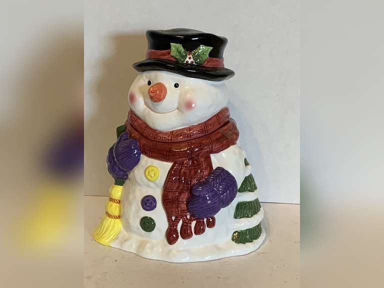 CERAMIC HAPPY SNOWMAN COOKIE JAR 11" TALL image