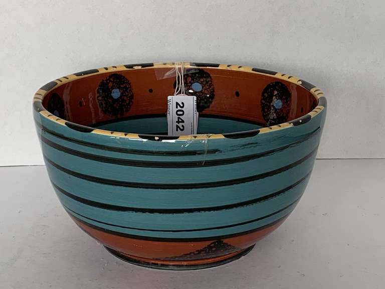 HANDMADE HAND PAINTED ART DECO STYLE POTTERY BOWL SIGNED ON BOTTOM 9" ROUND X 4 3/4" TALL image