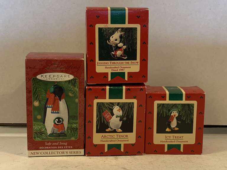 4 NEW HALLMARK ORNAMENTS "1987 ICY TREAT", "2001 SAFE AND SNUG", "1988 ARTIC TENOR" & "1987 JOGGING THROUGH THE SNOW" image