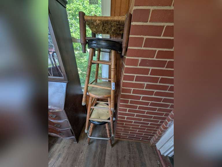 VINTAGE WOODEN BAR STOOLS AND FOOTSTOOL image