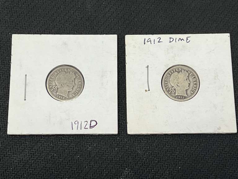 1912, and 1912-D silver Barber dimes, two pieces total, see pictures for details. image