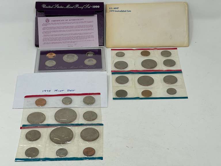 1990 US mint proof set, and 1975 and 1979 US mint uncirculated mint sets, see pictures for details. image