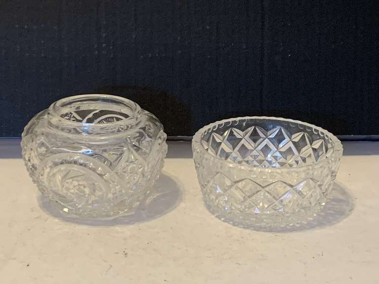 CUT GLASS DIAMOND PATTERN SMALL BOWL 4 1/2' ROUND X 2" TALL & SMALL GLASS VASE WITH HOBNAIL PATTERN 3 1/2" TALL image