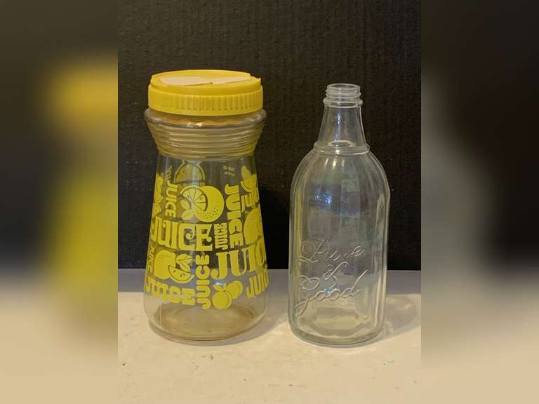 VINTAGE LEMON JUICE DECANTER WITH LID 8" TALL & VINTAGE PURE & GOOD RIBBED GLASS BOTTLE 8" TALL image