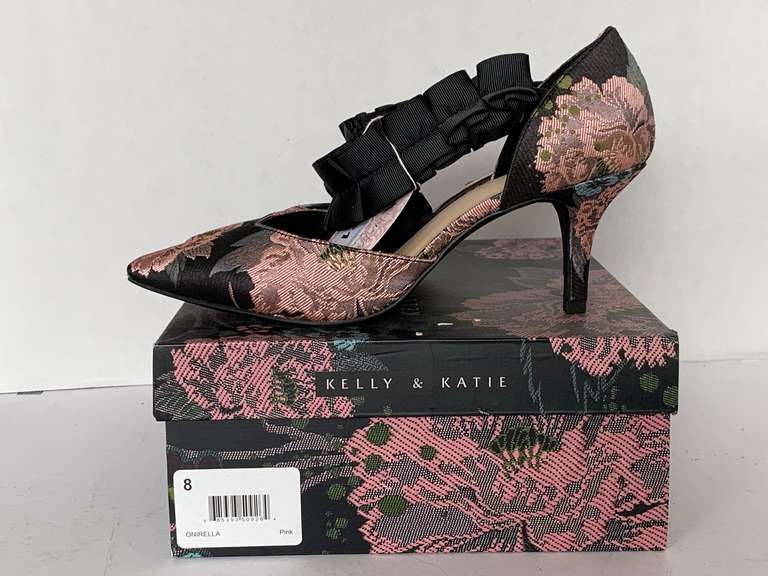 NEW KELLEY & KATIE PINK FLORAL TAPESTRY HEELS SIZE 8 image