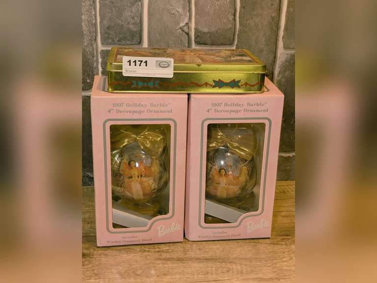 BARBIE THEMED STOUFFER'S CANDIES TIN AND PAIR OF 1997 HOLIDAY BARBIE 4" DECOUPAGE ORNAMENTS IN ORIGINAL BOXES image