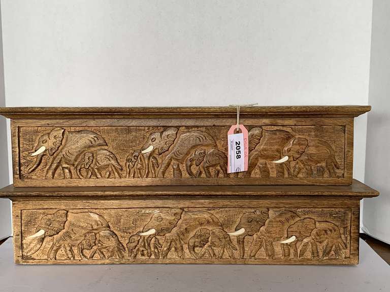 PAIR WOODEN CARVED ELEPHANT WALL SHELVES 21 1/2" LONG X 4 3/4" DEEP X 5" TALL image