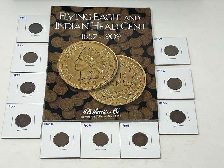 Indian head cent, H. E. Harris coin folder with 10 starter coins, see pictures for details. image