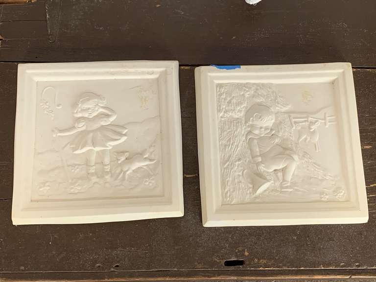 PAIR VINTAGE PLASTIC MOLDS (NEED PAINTING) LITTLE BO PEEP & LITTLE JACK HORNER 9 3/4" SQUARE image