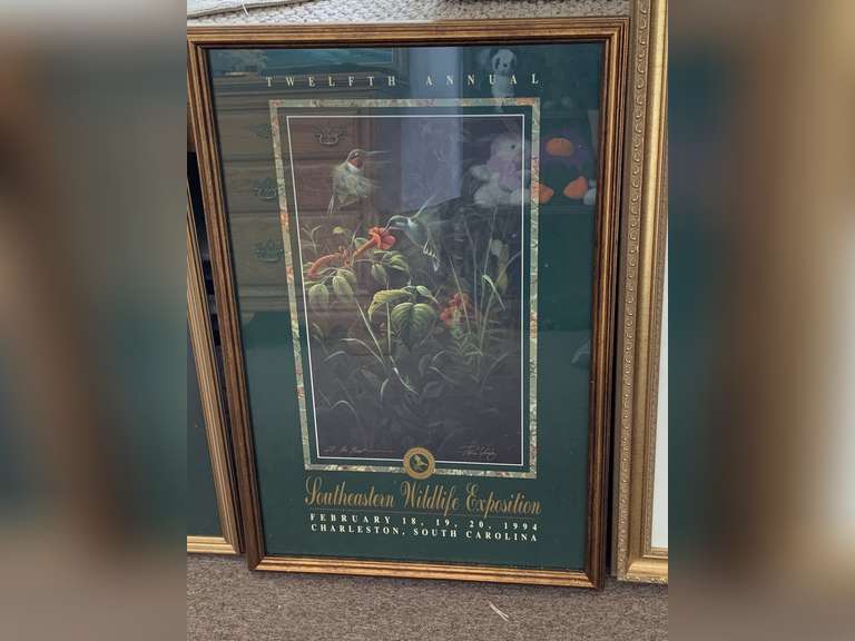 1994 TWELFTH ANNUAL SOUTHEASTERN WILDLIFE EXPOSITION FRAMED POSTER OF HUMMINGBIRDS DOUBLE SIGNED BY ARTIST 29 1/2" X 19 1/2" image
