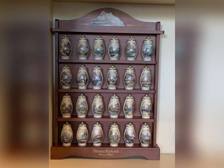THOMAS KINKADE "SPICE OF LIFE" 24 PORCELAIN JARS & WOODEN SPICE RACK 19" WIDE X 26" TALL image