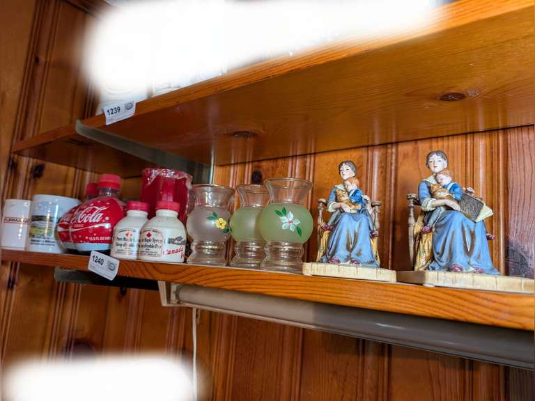 COLLECTIBLE COKE ORNAMENT BOTTLES, HAND-PAINTED GLASS CANDLE VASES, VINTAGE NORMAN ROCKWELL BISQUE PORCELAIN FIGURINES MADE IN JAPAN, AND MORE ON SHELF MARKED 1240 image