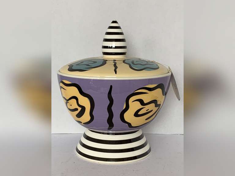 HANDMADE HAND PAINTED ART DECO ABSTRACT COVERED DISH SIGNED 10" ROUND X 12" TALL image